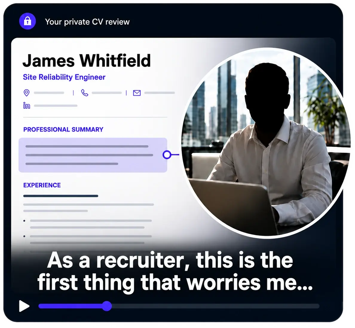 A private video review of a CV by a Gulf tech recruitment company owner, with recruiter annotations